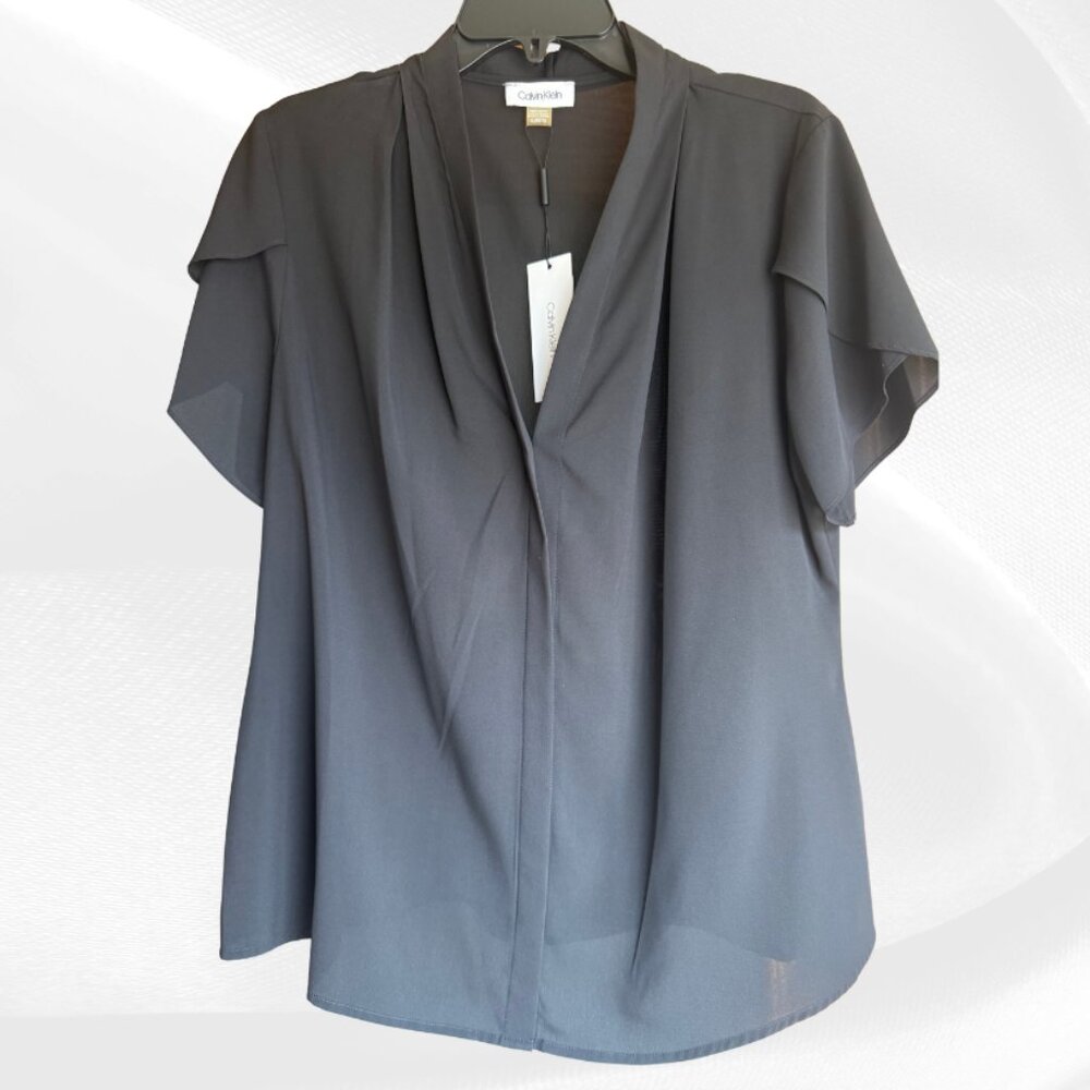 Calvin Klein Black Flutter Sleeve V-Neck Blouse Size XL NWT